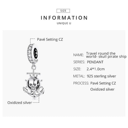 925 Sterling Silver Pirate Skull Pendant For Bracelet Or Necklace