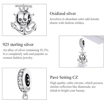 925 Sterling Silver Pirate Skull Pendant For Bracelet Or Necklace