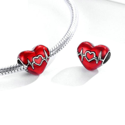 925 Sterling Silver Love Heartbeat Red Heart Pendant For Diy Bracelets & Necklaces