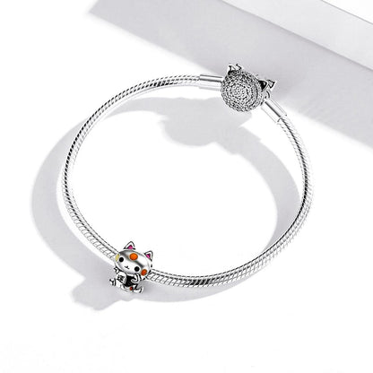 925 Sterling Silver Lucky Cat Bead For Diy Bracelet Or Necklace