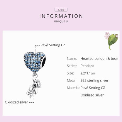 925 Sterling Silver Heart Balloon Bear Pendant For Diy Bracelets & Necklaces