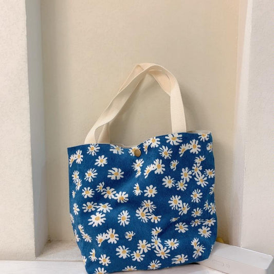 Large Capacity Corduroy Tote Bag with Floral Design - Blue Daisy