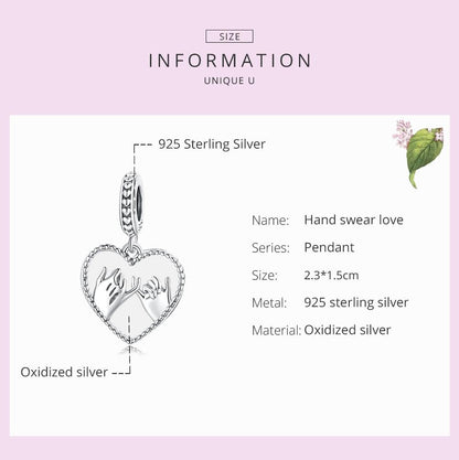 925 Sterling Silver Hand In Hand Heart Pendant For Diy Bracelets & Necklaces