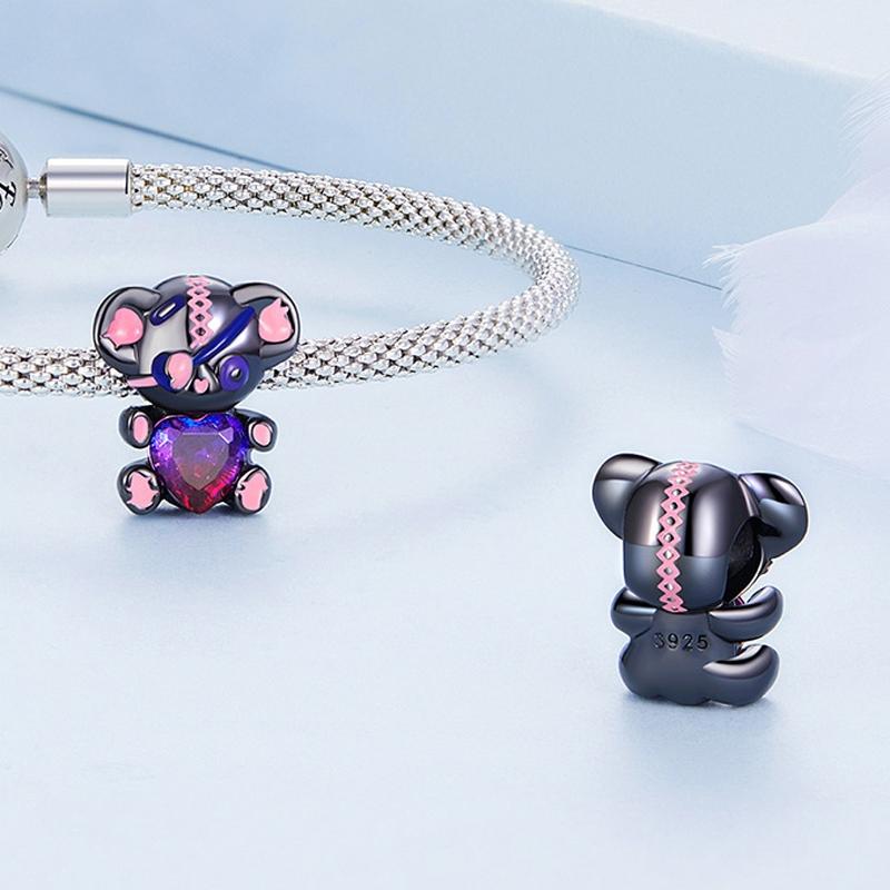 925 Sterling Silver Bear Beads Love Bracelet Black Gold Plated