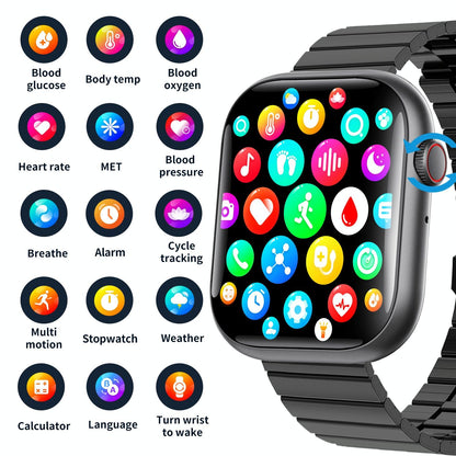 2.1 Inch Screen Smart Watch With Blood Sugar / Blood Oxygen Monitoring / Sos Alarm / 100+ Sports Modes - Black 3-Bead Steel - Black 3-Bead Steel