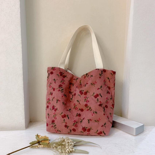 Large Capacity Corduroy Tote Bag with Floral Design - Red Rose