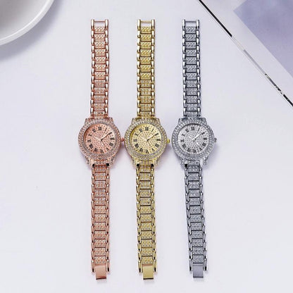 Gold Steel Strap Quartz Watch with Full Diamond Roman Numerals & Bracelet