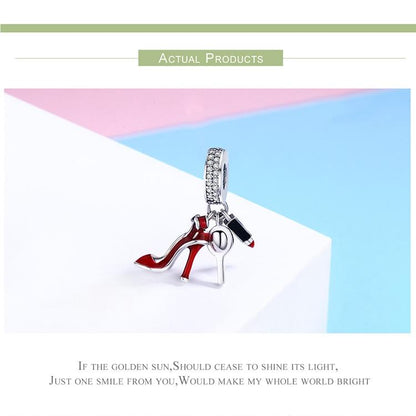 925 Sterling Silver Red Lipstick High Heels Makeup Mirror Charm