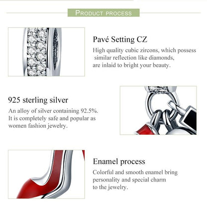 925 Sterling Silver Red Lipstick High Heels Makeup Mirror Charm