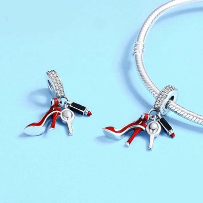 925 Sterling Silver Red Lipstick High Heels Makeup Mirror Charm