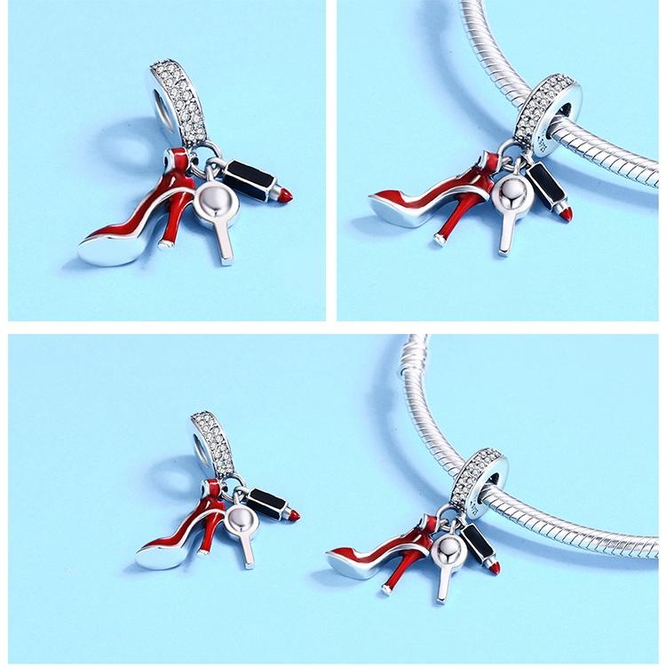 925 Sterling Silver Red Lipstick High Heels Makeup Mirror Charm