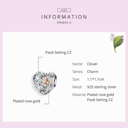 925 Sterling Silver Heart Beaded Clover Bracelet Charm
