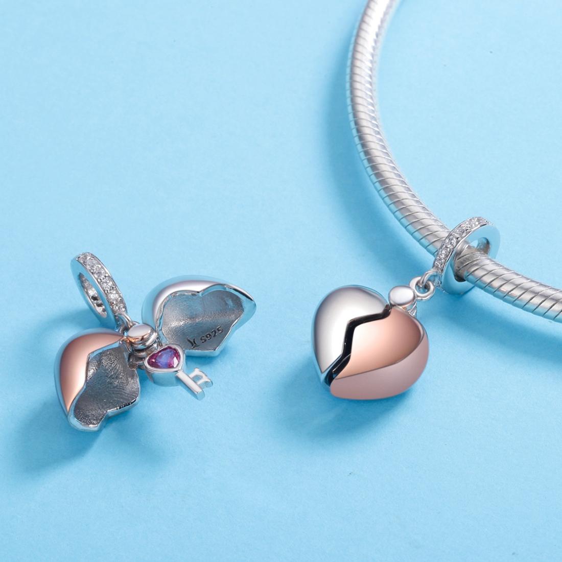 925 Sterling Silver Openable Heart Key Charm For Diy Bracelets