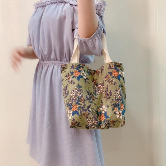 Large Capacity Corduroy Tote Bag with Floral Design - Green Bottom Floral