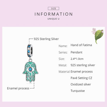 925 Sterling Silver Hand Of Fatima Pendant For Diy Bracelets & Necklaces