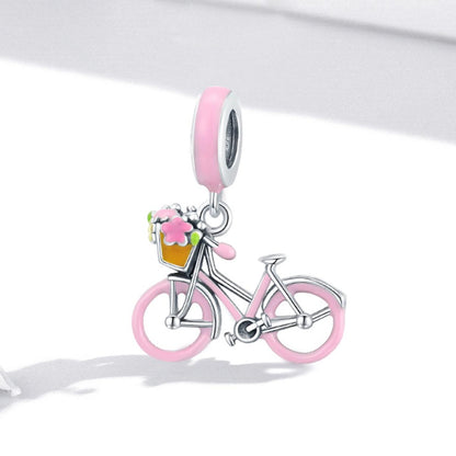 925 Sterling Silver Pink Bicycle Pendant For Bracelet Or Necklace