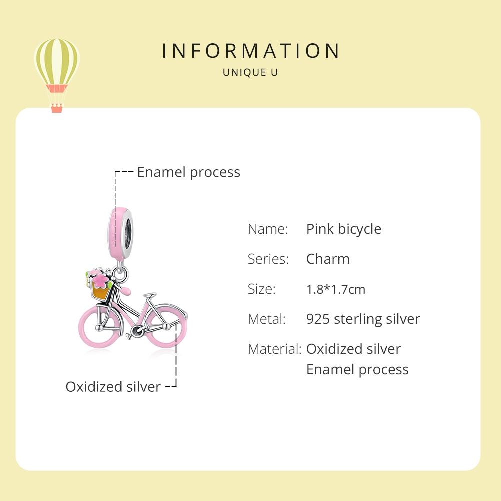 925 Sterling Silver Pink Bicycle Pendant For Bracelet Or Necklace