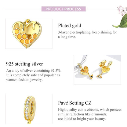 925 Sterling Silver Heart Honeycomb Bee Pendant For Bracelet Or Necklace
