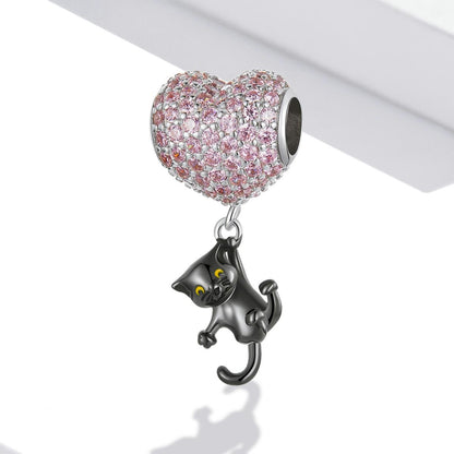 925 Sterling Silver Heart Cat Pendant For Diy Bracelets & Necklaces