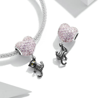 925 Sterling Silver Heart Cat Pendant For Diy Bracelets & Necklaces