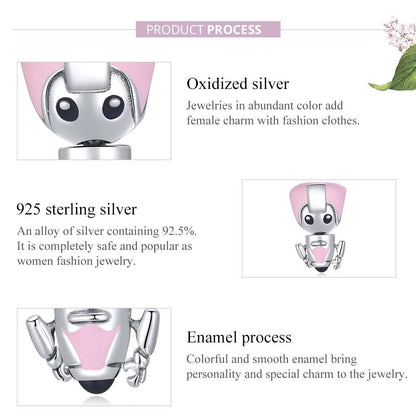925 Sterling Silver Pink Robot Beads For Diy Bracelets & Necklaces