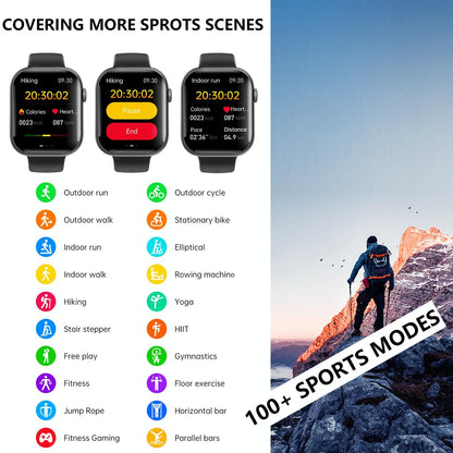 2.1 Inch Screen Smart Watch With Blood Sugar / Blood Oxygen Monitoring / Sos Alarm / 100+ Sports Modes - Black 3-Bead Steel - Black Leather