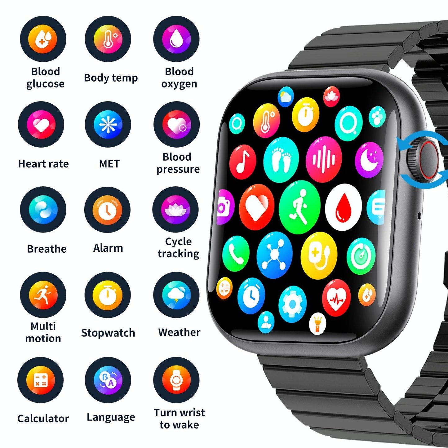 2.1 Inch Screen Smart Watch With Blood Sugar / Blood Oxygen Monitoring / Sos Alarm / 100+ Sports Modes - Black 3-Bead Steel - Black Leather