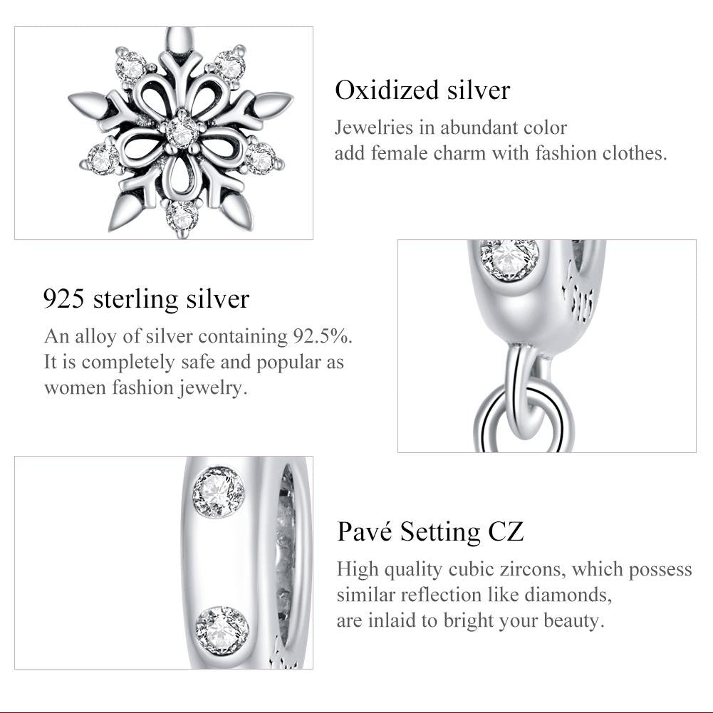 925 Sterling Silver Sparkling Snowflake Pendant For Diy Bracelets & Necklaces
