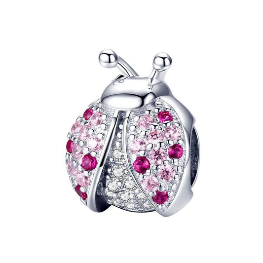 925 Sterling Silver Ladybug Pink Cz Insect Charm For Diy Bracelets