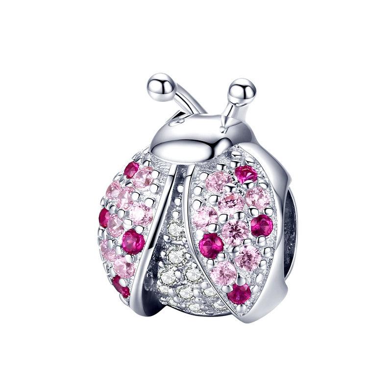 925 Sterling Silver Ladybug Pink Cz Insect Charm For Diy Bracelets