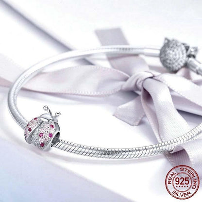 925 Sterling Silver Ladybug Pink Cz Insect Charm For Diy Bracelets
