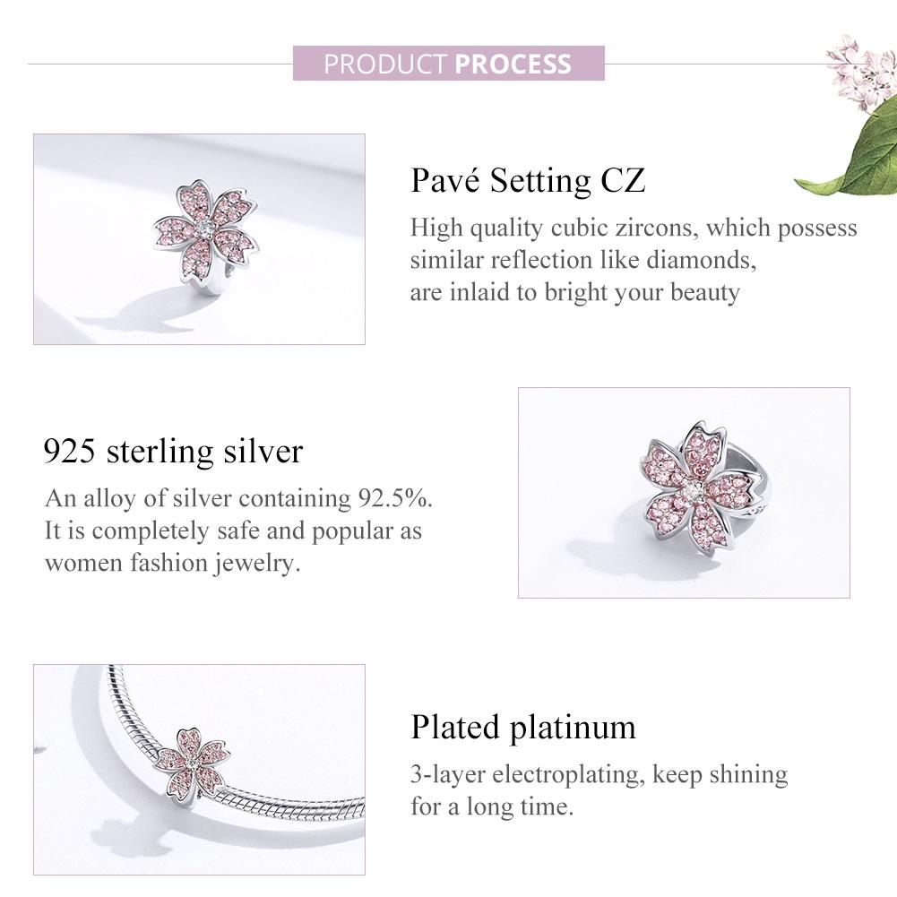 925 Sterling Silver Platinum Plated Pink Flower Beads For Diy Bracelets