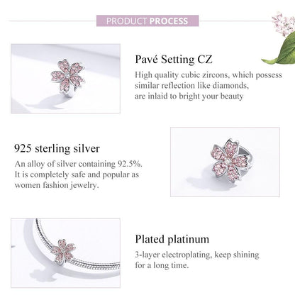 925 Sterling Silver Platinum Plated Pink Flower Beads For Diy Bracelets