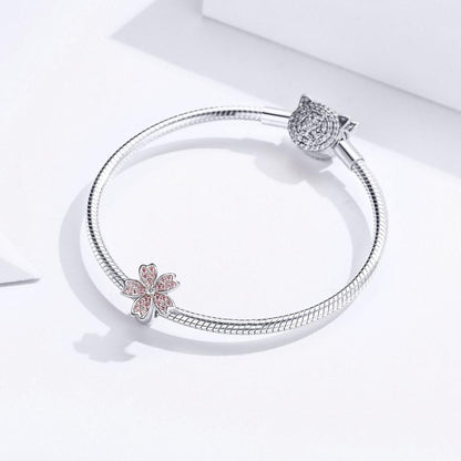 925 Sterling Silver Platinum Plated Pink Flower Beads For Diy Bracelets