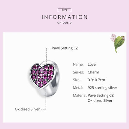 925 Sterling Silver Love Heart Pink Zircon Bracelet / Necklace Charm