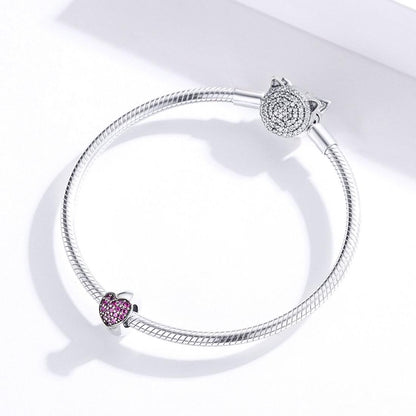 925 Sterling Silver Love Heart Pink Zircon Bracelet / Necklace Charm