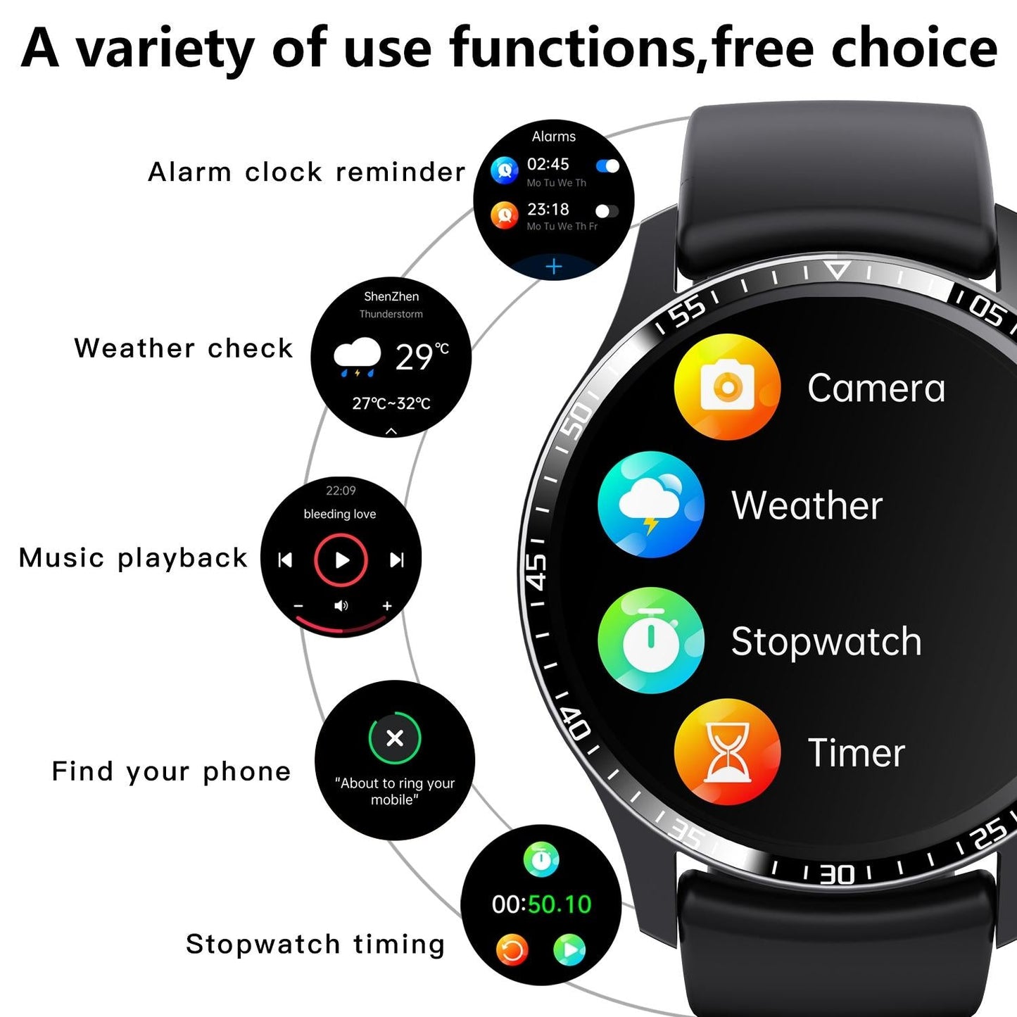 1.35 Inch Smart Watch Bluetooth Calls Health Monitoring 150+ Sports Black - Black Brown Leather