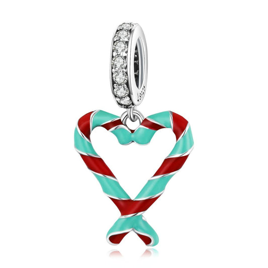925 Sterling Silver Heart Candy Cane Pendant For Diy Bracelets & Necklaces