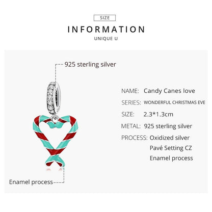 925 Sterling Silver Heart Candy Cane Pendant For Diy Bracelets & Necklaces