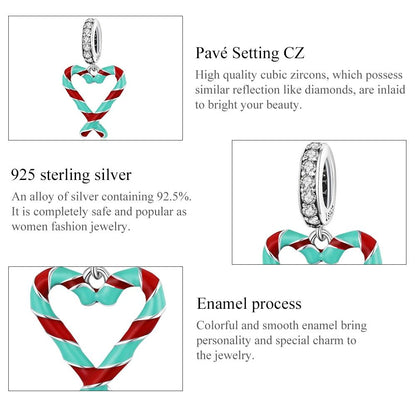 925 Sterling Silver Heart Candy Cane Pendant For Diy Bracelets & Necklaces