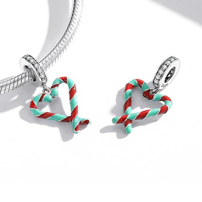 925 Sterling Silver Heart Candy Cane Pendant For Diy Bracelets & Necklaces