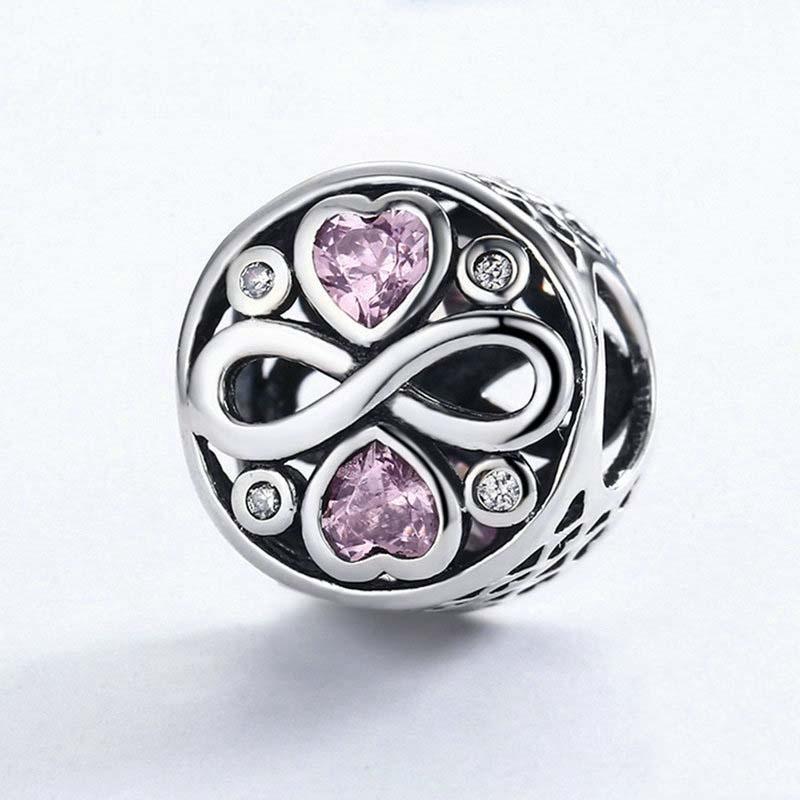 925 Sterling Silver Love Infinity Pink Heart Crystal Charm Bracelet