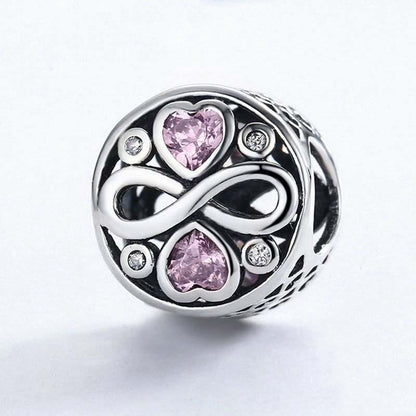 925 Sterling Silver Love Infinity Pink Heart Crystal Charm Bracelet