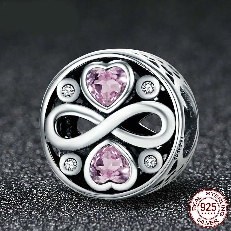925 Sterling Silver Love Infinity Pink Heart Crystal Charm Bracelet
