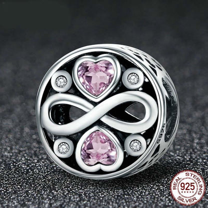 925 Sterling Silver Love Infinity Pink Heart Crystal Charm Bracelet