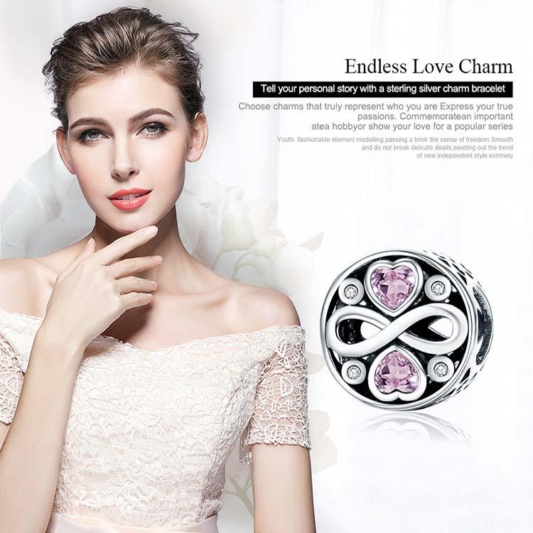 925 Sterling Silver Love Infinity Pink Heart Crystal Charm Bracelet