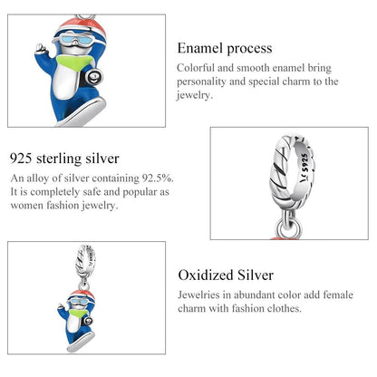 925 Sterling Silver Ski Penguin Pendant For Diy Bracelets & Necklaces