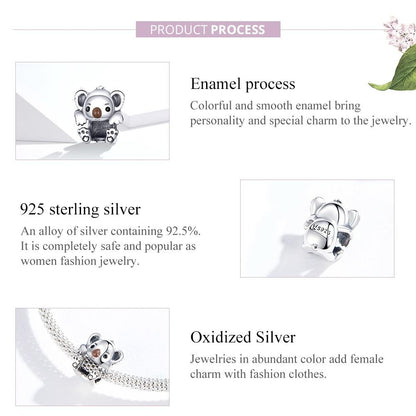 925 Sterling Silver Adorable Koala Animal Charm For Diy Bracelets