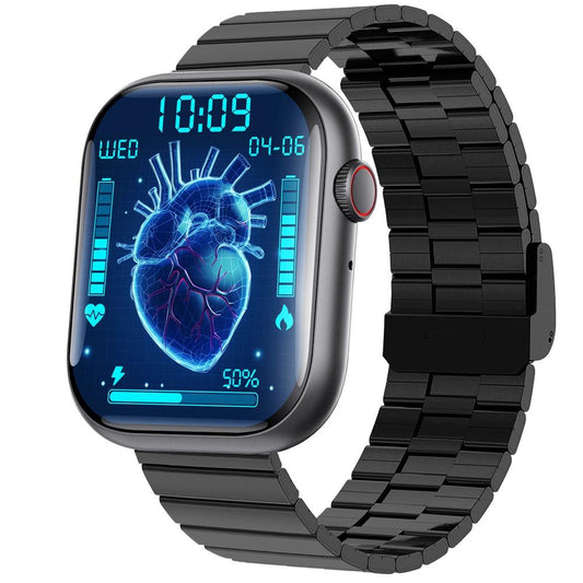 2.1 Inch Screen Smart Watch With Blood Sugar / Blood Oxygen Monitoring / Sos Alarm / 100+ Sports Modes - Black 3-Bead Steel - Black Bamboo