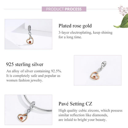 925 Sterling Silver Rose Gold Heart Pendant For Diy Bracelet Or Necklace